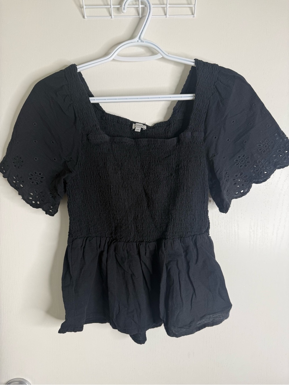 Kismet Black Smocked Peplum Blouse with Eyelet Puff Sleeves